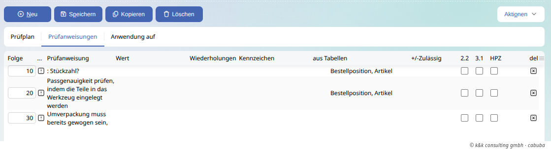 myfactory Prüfplan PPS zugeordnete Prüfanweisung