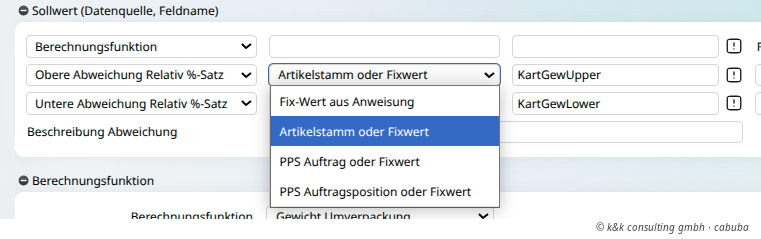 Qualität myfactory PPS variable Abweichung vom Sollwert aus Stammdaten