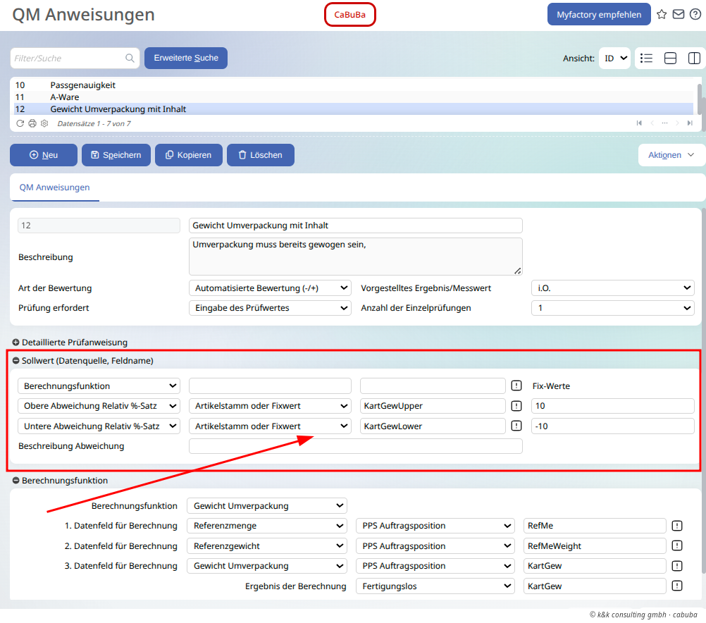 myfactory PPS BDE Qualitätskontrolle mit Prüfanweisung und Sollwert